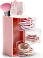3-Tier Rotating Hair Accessories Organizer with Hair Brush Holder, Makeup Brush Organizer, Hair Tie and Hair Clip Organizer, Jewelry Storage for Girls, Pink