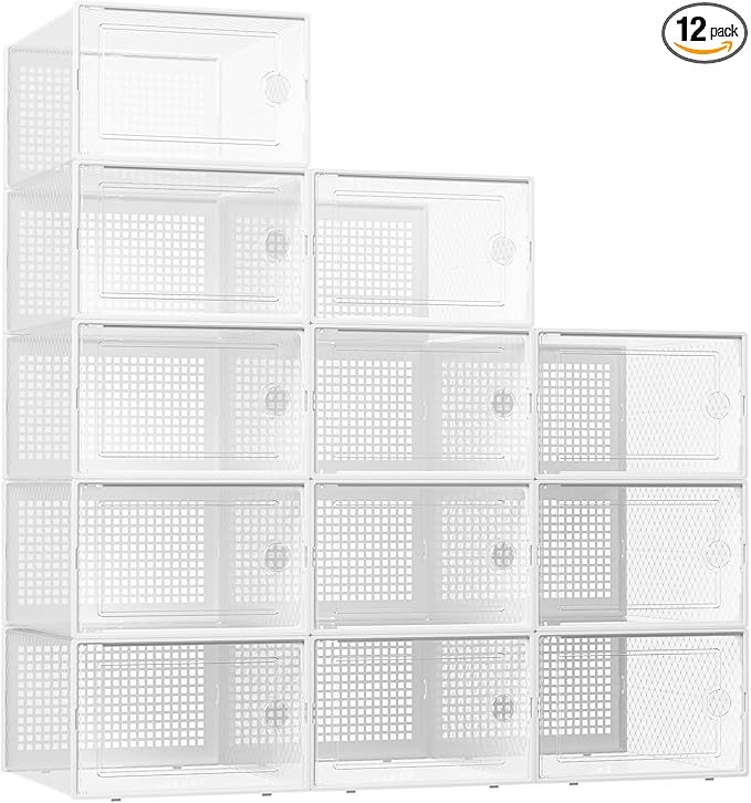Kuject XX-Large Shoe Storage Boxes Organizers Clear Plastic Stackable 12 Pack, Shoe Rack & Holder Substitute, Sneaker Containers, Shoe Storage Organizer Bins for Closet, Under Bed,White(No Fold Line)