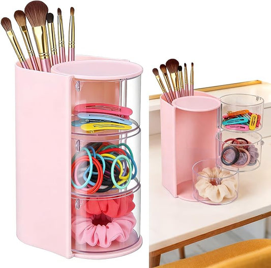 3-Tier Rotating Hair Accessories Organizer, 360° Spinning Storage Stand for Makeup Brushes and Jewelry, Compact Vanity Display Case for Girls, Holds Hair Clips, Earrings, Rings, Bracelets(Pink)
