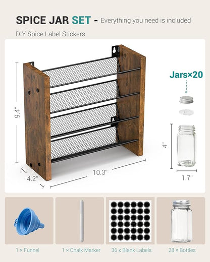 NESAPTO Spice Rack Organizer with 20 Glass Spice Jars, Wood 4-Tier Seasoning Organizer with Labels for Cabinet, Pantry, Countertop or Wall Mount, Chalk Marker and Funnel Set, 10.3" W × 9.4" H