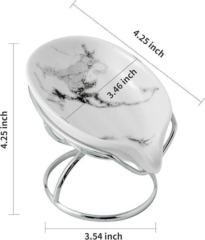 Dobbyby Leaf-Shaped Soap Dish – Premium Ceramic Soap Bar Holder with Self-Drainage System – Bar Soap Holder for Shower, Bathroom Sink, Kitchen – Waterfall Soap Dish with Stainless Steel Stand (SLIVER)