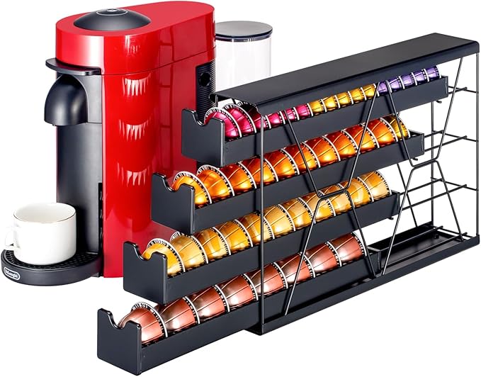 FlagShip 4-Tier Corner Coffee Pod Organizer for Nespresso Vertuo - 40+ Capsule Storage, Slim Metal Kitchen Countertop Space Saver with Compact Design