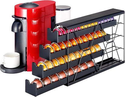 FlagShip 4-Tier Corner Coffee Pod Organizer for Nespresso Vertuo - 40+ Capsule Storage, Slim Metal Kitchen Countertop Space Saver with Compact Design