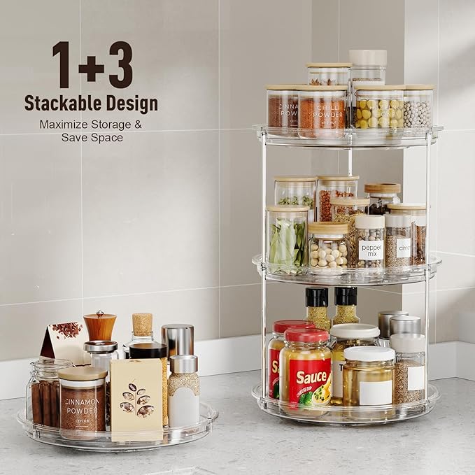 2 Tier Lazy Susan Organizer, 9.25'' Lazy Susan Turntable for Cabinet, Stackable Turntable Organizer Rotating Spice Rack Organization for Kitchen Countertop, Pantry, Bathroom, Clear