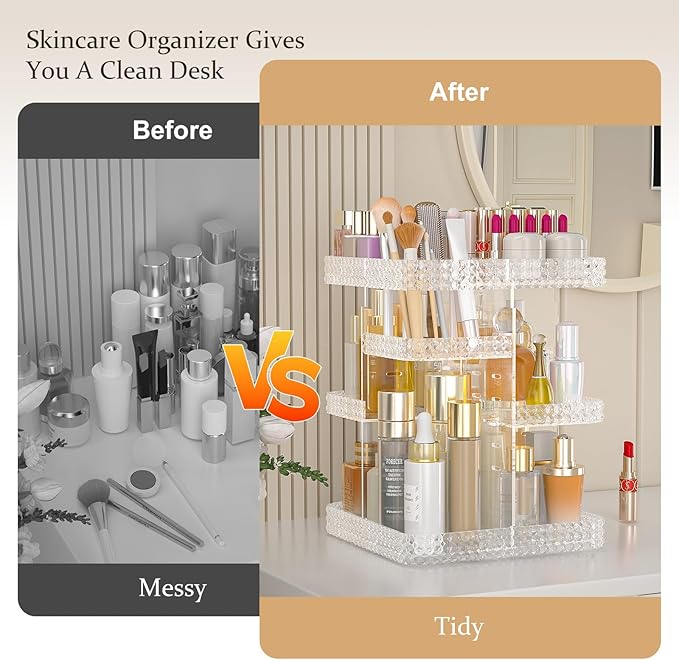 Rotating Makeup Organizer with Makeup Brush Holder,Large Capacity Perfume Organizer for Vanity Countertop,Acrylic Skincare Organizers Spinning Holder Storage Rack (Clear)