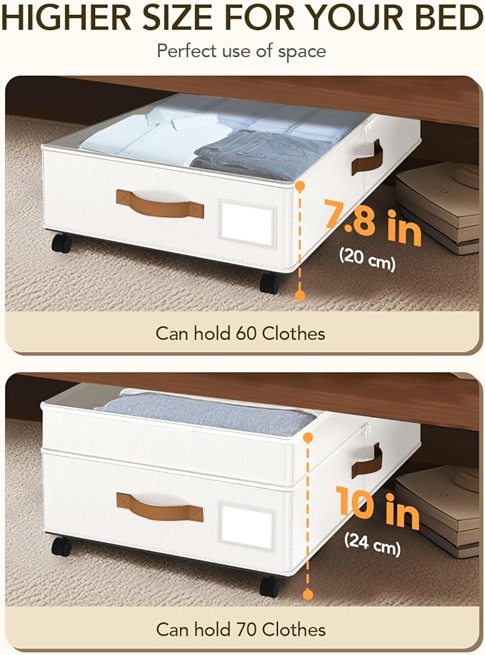 Under Bed Storage with Wheels, 10 inches Under Bed Storage Containers, 65L XXL Large Adjustable Underbed with Lids, Rolling Underbed Storage bins for Shoes, Clothes, Blankets, White