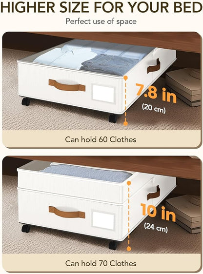 Under Bed Storage with Wheels, 10 inches Under Bed Storage Containers, 65L XXL Large Adjustable Underbed with Lids, Rolling Underbed Storage bins for Shoes, Clothes, Blankets, White