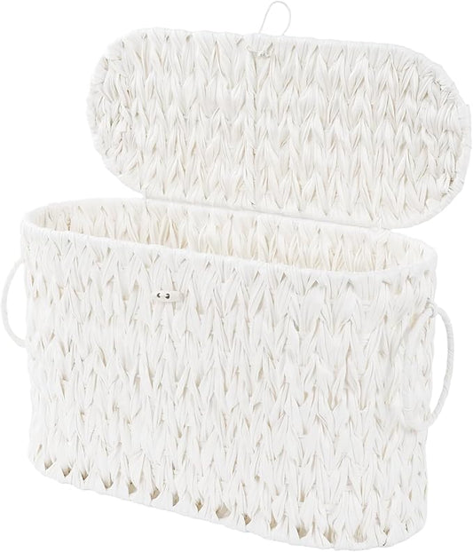 Coeusy Toilet Paper Basket,Wicker Toilet Paper Storage with Lid,Decorative Boho Wicker Basket for Bathroom,Free Standing-Cream White
