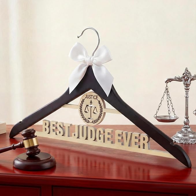 Bucherry Wooden Judge Robe Hanger Funny Judges Gifts Black Best Judge Ever Coat Hanger with Bow and Balanced Scale Motifs for Men Women Graduation Birthday