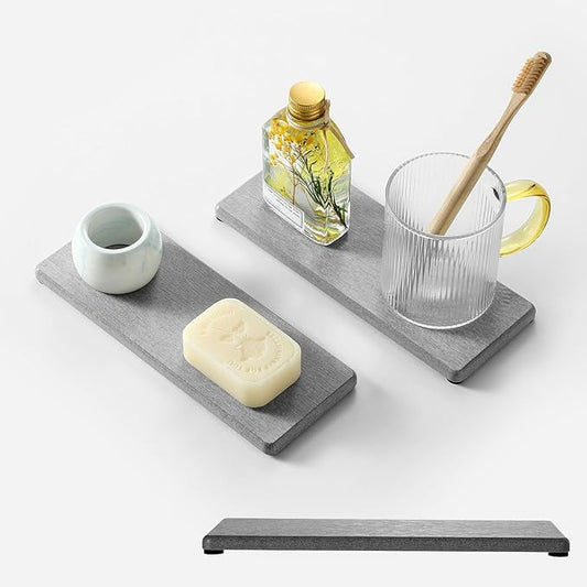 Razborci 2PCS Bathroom Counter Vanity Trays, Water Absorbing Diatomite Stone Quick Drying Mat for Kitchen Sink Counter, Dish Rack Soap Dispenser Sponge Holder Caddy Organizer, Light Gray, 9"x 3.5"