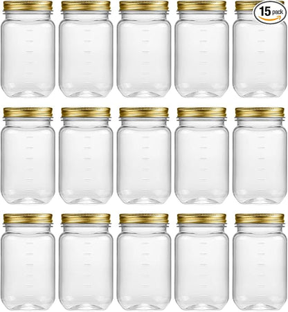 novelinks 16 oz Clear Plastic Jars with Lids, Refillable 16oz Mason Jars with Lids & Storage Containers for Kitchen & Household Use (15 Pack,Gold)