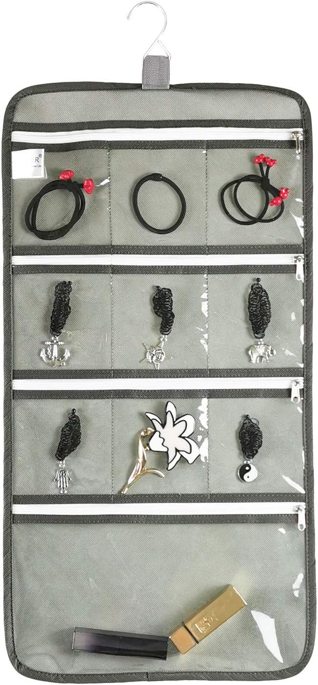 Hanging Jewelry Organizer with 10 Zippered Clear Pockets for Travel Suitcase and Home Closet Jewelry Storage Bag (GREY)