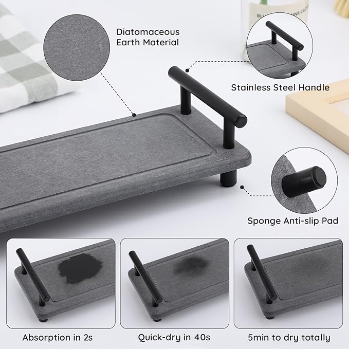 Segbeauty 12x4in Kitchen Sink Organizer, Instant Dry Sink Caddy Stone Drying Mat with Handle, Diatomaceous Earth Fast Drying Stone Vanity Tray Bathroom Sink Mat Soap Holder Countertop Organizer Rack