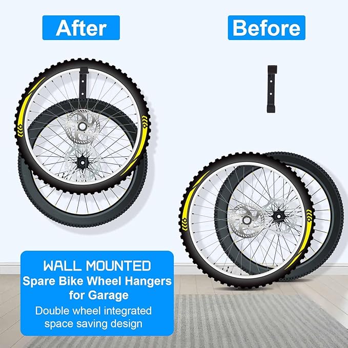 2 Pack Bike Wheel Rack Garage Wall Mount, Carbon Steel Storage Hook, Spare Bike Wheel Hangers for Garage, Indoor Vertical Bike Holder, Double Bike Wheel Spare Tire Rack, Easy to Install