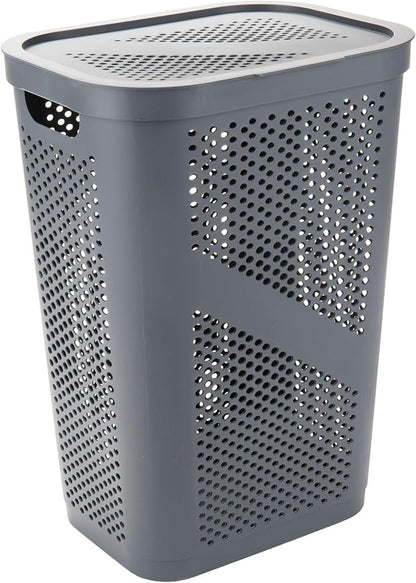 Mind Reader 60L Slim Laundry Hamper, Clothes Basket, Lid, Ventilated, Plastic, Set of 2, Gray