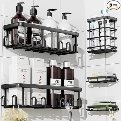 YASONIC Shower Caddy Adhesive 5-Pack, Rustproof Shower Shelves with 24 Hooks, No Drilling Shower Shelf for Inside Shower, Large Capacity Bathroom Organizers and Storage for Dorms & Renters, Black