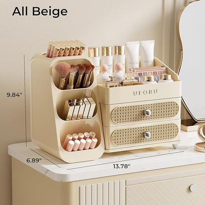Makeup Organizer for Vanity with Brush Holder, Large Capacity Bathroom Countertop Skincare Organizer with 2 Drawers, Cosmetic Display Case for Perfumes, Eyeshadow Palettes, Nail Polishes