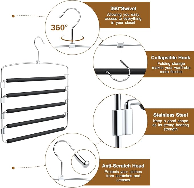 Pants Hangers, 3 Pack Anti-Slip Space Saving Hangers, 5 Layer Swing Arm Pants Hanger Stainless Steel with Non-Slip Padding, Closet Organizers & Storage for Pants Trousers Jeans Scarf
