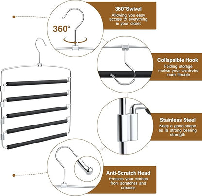 Pants Hangers, 6 Pack Anti-Slip Space Saving Hangers, 5 Layer Swing Arm Pants Hanger Stainless Steel with Non-Slip Padding, Closet Organizers & Storage for Pants Trousers Jeans Scarf