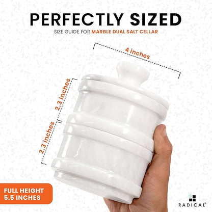 Radicaln Handmade Marble White 5.5” Dual Salt Cellar & Brown Sugar Keeper – 2.3” Each Herb Jar Salt Dish Kitchen Accesorries – Ideal For Jewelry, Butter, Sugar & Home Décor