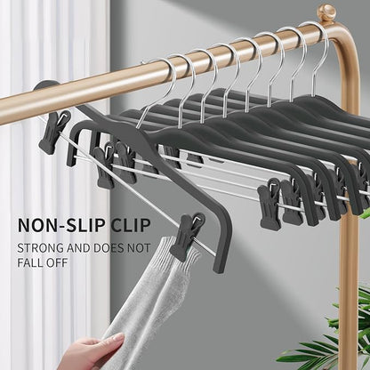 HUADYMEET 10 Pack 14 Inch Pants Skirt Hangers Non Slip,Plastic Jeans Trousers Hangers with Adjustable Clips and Swivel Hook for Women,Men,Heavy Duty Space Saving Clothes Hanger for Shorts,Slacks,Grey