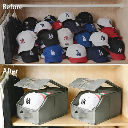 2 Pcs Stackable Baseball Cap Organizer, Washable Foldable Oxford Cloth, Smooth Durable Metal Zipper Hat Storage Holder for Closet, Holds 24 Caps with Large Clear Window, Hat Box for Home Storage