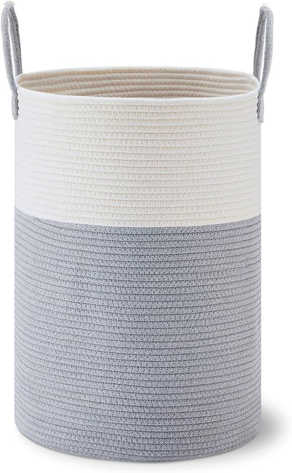 VIPOSCO Large Laundry Hamper, Tall Woven Rope Storage Basket for Blanket, Toys, Dirty Clothes in Living Room, Bathroom, Bedroom - 72L Grey & White