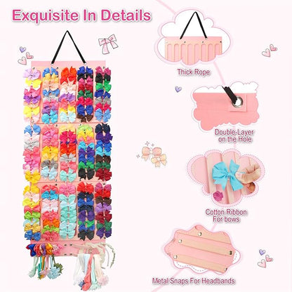 Hair Bows Holder & Organizer w/Extra Large Capacity, Head Bows Hanger, 27 Ribbons, Baby Hair Accessory Storage Display with Sturdy Rope, Wall Hanging for Girl Room