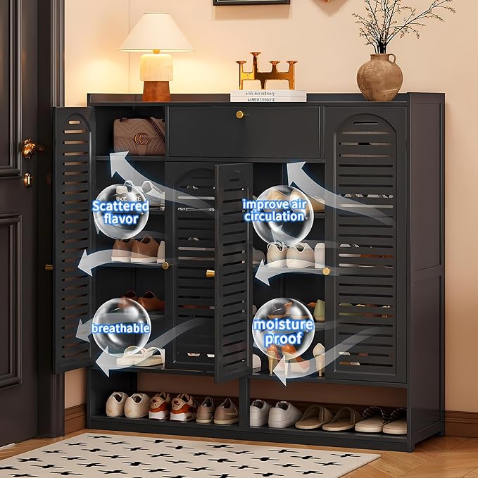 Shoe Storage Cabinet with Shutter Doors, 7 Tier Bamboo Shoe Cabinet Sneakers Shoe Rack Shelf for 36-40 Pairs, Shoe Organizer with Thickened Adjustable Shelves for Entryway, Hallway