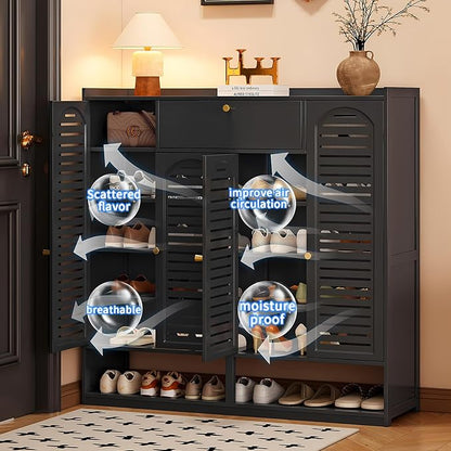 Shoe Storage Cabinet with Shutter Doors, 7 Tier Bamboo Shoe Cabinet Sneakers Shoe Rack Shelf for 36-40 Pairs, Shoe Organizer with Thickened Adjustable Shelves for Entryway, Hallway