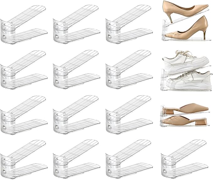 shoe slots organizer, Clear Shoe Stacker, Adjustable Level Shoe Rack,Storage Space Saver for Sneakers Display (Transparent, 16Pack)