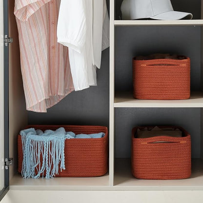 3-Pack Storage Baskets for Organizing | Woven Shelf Toy Basket | Rope Baskets for Gifts Empty | Closet Organizer Bins with Handles | Cube Decorative Box | 13.7×7.1×6.7” | Brick Red