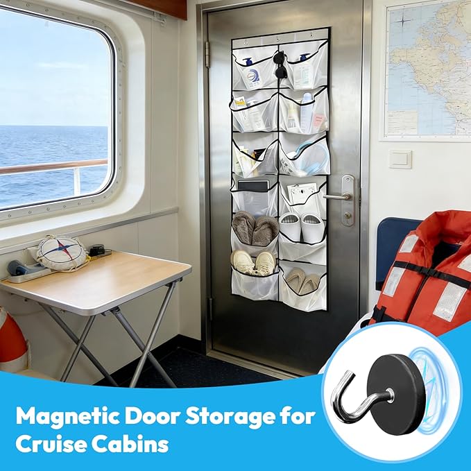 Cruise Essentials 2026, Magnetic Over The Door Organizer for Cruise Ships, 12 Large Mesh Pockets Cruise Cabin Organizer and Storage, Cruise Ship Must Haves for Royal Caribbean, Carnival, NCL