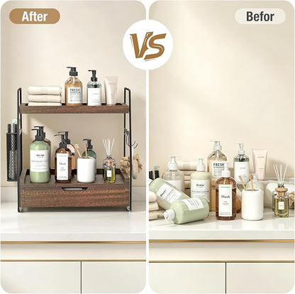 2-Tier Bathroom Counter Organizer with Drawer & Removable Basket, Wood & Metal Vanity Organizer for Skincare, Makeup, Perfume, Toiletries, Small Bathroom Counter Shelf, 13'' Rustic