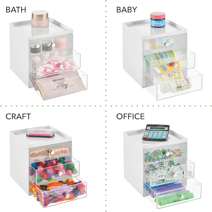 mDesign Makeup Organizer Storage Station Cube with 3 Drawers for Bathroom Vanity, Cabinet, Countertops - Holds Lip Gloss, Eyeshadow Palettes, Brushes, Blush, Mascara - White/Clear