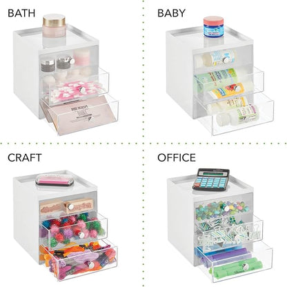 mDesign Makeup Organizer Storage Station Cube with 3 Drawers for Bathroom Vanity, Cabinet, Countertops - Holds Lip Gloss, Eyeshadow Palettes, Brushes, Blush, Mascara - White/Clear