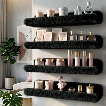 Care&More YJ 15 Inch Nail Polish Shelves, 4-Pack Fuzzy Display Nail Polish Rack for Storing Nail Bottles, Sunglasses, Essential Oils, Plush Soft Black