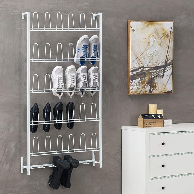 MyGift Modern Matte White Metal Wall Shoe Rack in Closet, Mudroom and Entryway, Hanging Shoe Organizer Shelf Space Saving Organizer for Shoes and Boots, Holds 18 Pairs of Shoe Storge