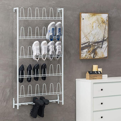 MyGift Modern Matte White Metal Wall Shoe Rack in Closet, Mudroom and Entryway, Hanging Shoe Organizer Shelf Space Saving Organizer for Shoes and Boots, Holds 18 Pairs of Shoe Storge