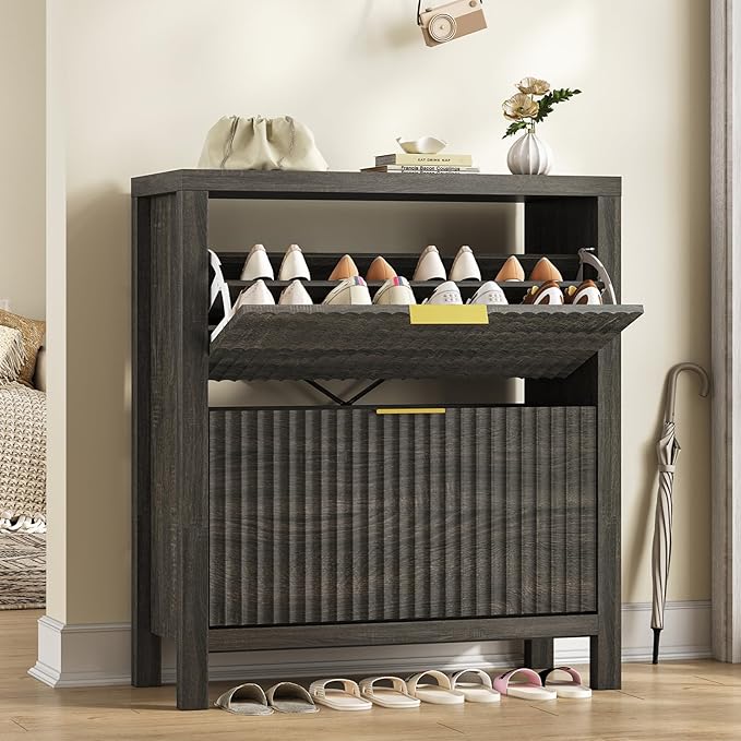 YOMILUVE Shoe Cabinet Storage for Entryway, Fluted Shoe Cabinet with 2 Flip Drawers, Hidden Shoe Rack Tall Freestanding Shoe Organizer with Legs for Hallway, Dark Gray