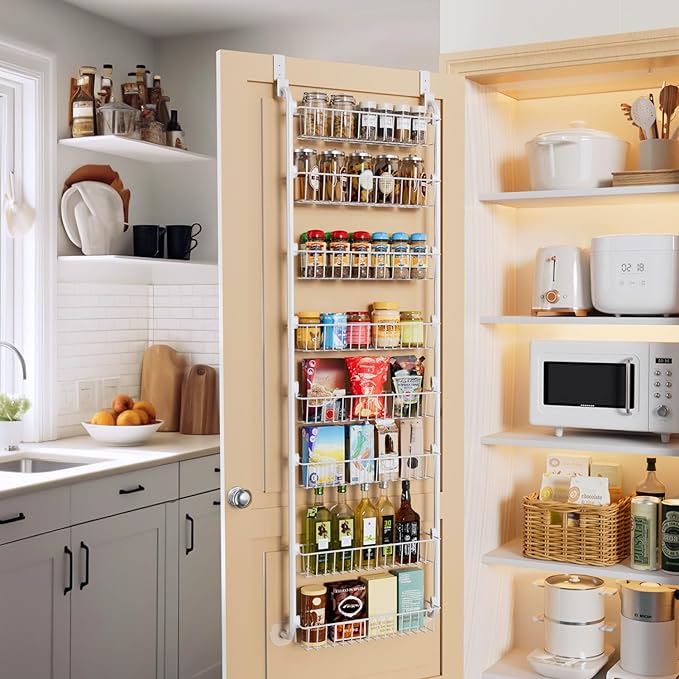 Delamu Over The Door Pantry Organizer, 8-Tier Metal Pantry Door Organization and Storage for Easy Install, Hanging Spice Rack Seasoning Shelves, Door Organizer for Kitchen, 4.65"D x 18"W x 65"H, White