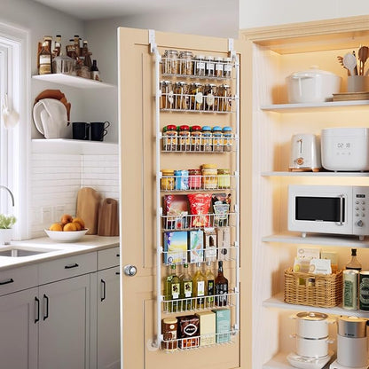 Delamu Over The Door Pantry Organizer, 8-Tier Metal Pantry Door Organization and Storage for Easy Install, Hanging Spice Rack Seasoning Shelves, Door Organizer for Kitchen, 4.65"D x 18"W x 65"H, White