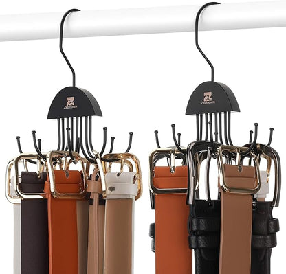 ZEDODIER 2 Pack Belt Hanger Rotatable Belt Organizer, Space Saving Belt Rack with 16 Adjustable Hooks for Closet Organizers and Storage, Sturdy Belt Holder Storage, Black