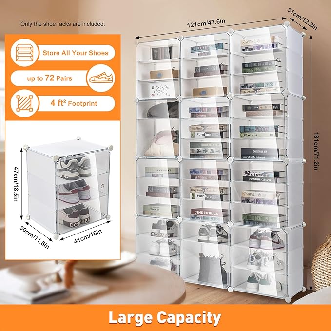 72 Pairs Shoes Organizer Cabinet, Shoe Container Storage Box, Shoe Rack Box Stackable Sneaker Display Box, 12 Tier Shoe Box Shoe Storage Bins Space Saving Sneaker Storage Box (clear)