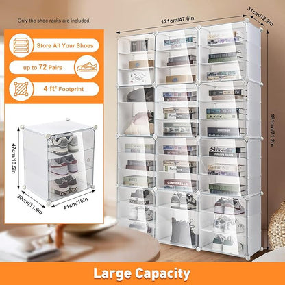 12-Tier 72 Pair Shoes Box Foldable Storage Organizer Shoe Rack Portable DIY Shoe Cabinet Plastic Transparent Clear Shoe Storage Boxes Stackable for Closet Boot Sneaker Space Saving (3 * 12)