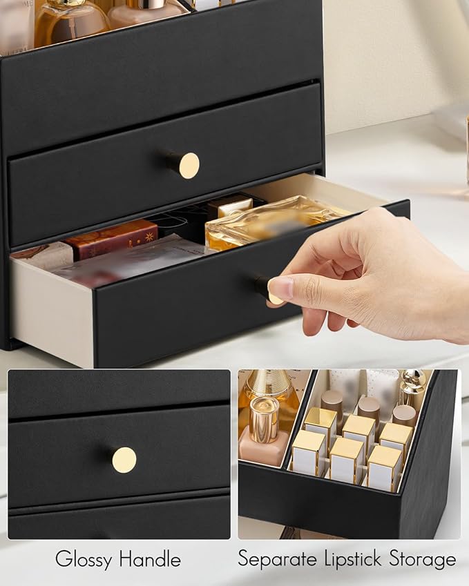 VLANDO Makeup Organizer for Vanity,Large Capacity Countertop Organizer with Drawers, PU Leather Cosmetic Display Case for Lipstick,Brushes,Skincare,Bedroom Storage (Black)