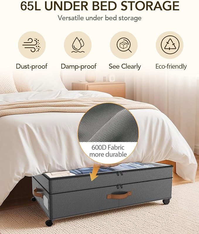 Under Bed Storage with Wheels, 10 inches Under Bed Storage Containers, 65L XXL Large Adjustable Underbed with Lids, Rolling Underbed Storage bins for Shoes, Clothes, Blankets, Grey