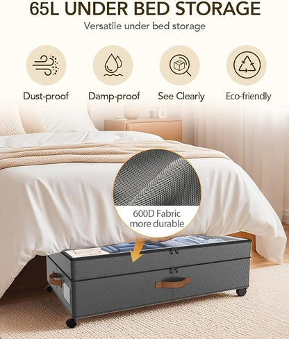 Under Bed Storage with Wheels, 10 inches Under Bed Storage Containers, 65L XXL Large Adjustable Underbed with Lids, Rolling Underbed Storage bins for Shoes, Clothes, Blankets, Grey