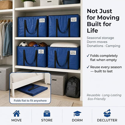 ClearSpace Heavy Duty Moving Bags - Water Resistant Storage Bags or Storage Bins with Lids and Moving Supplies - Large Moving Boxes for College Dorm, Travel, Closet Organization - 6 Pack
