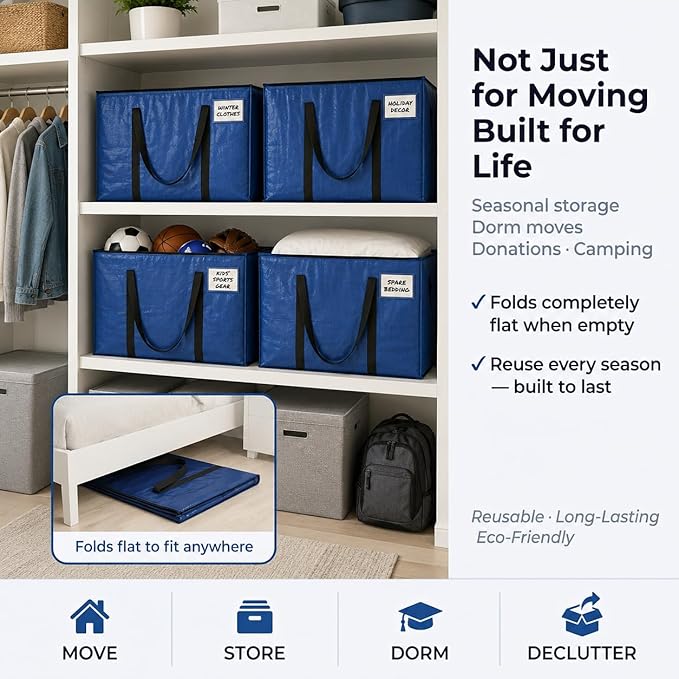 ClearSpace Heavy Duty Moving Bags - Water Resistant Storage Bags or Storage Bins with Lids and Moving Supplies - Large Moving Boxes for College Dorm, Travel, Closet Organization - 8 Pack